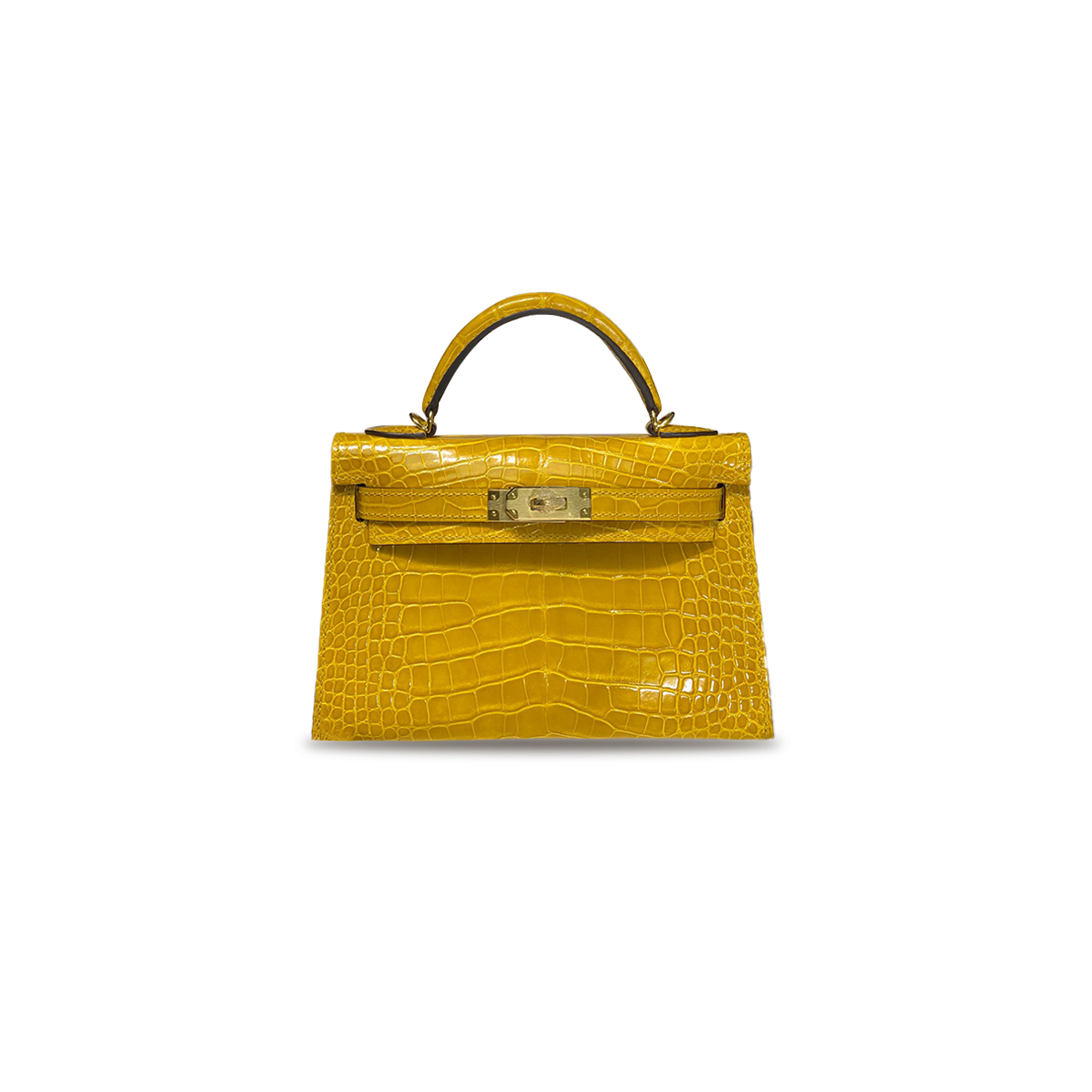 HERMÈS MASTER  MINI KELLY II SHINY CROCODILE AMBER GOLD BUCKLE CROCODILE (19*12*5.5cm) 